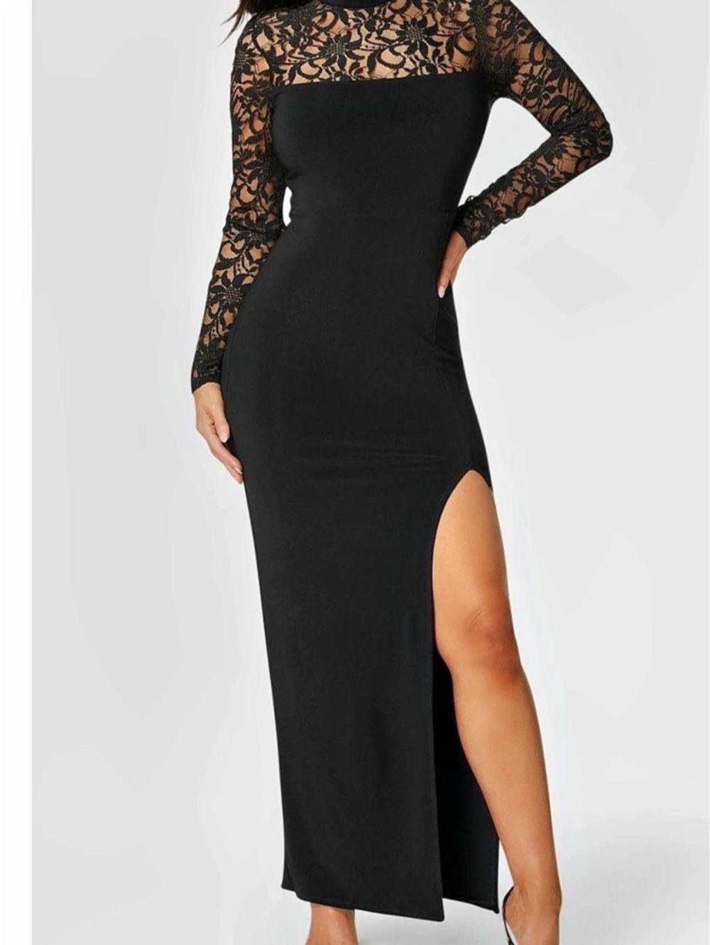 bebe Black Illusion Lace Maxi Evening Dress Size 16 XL